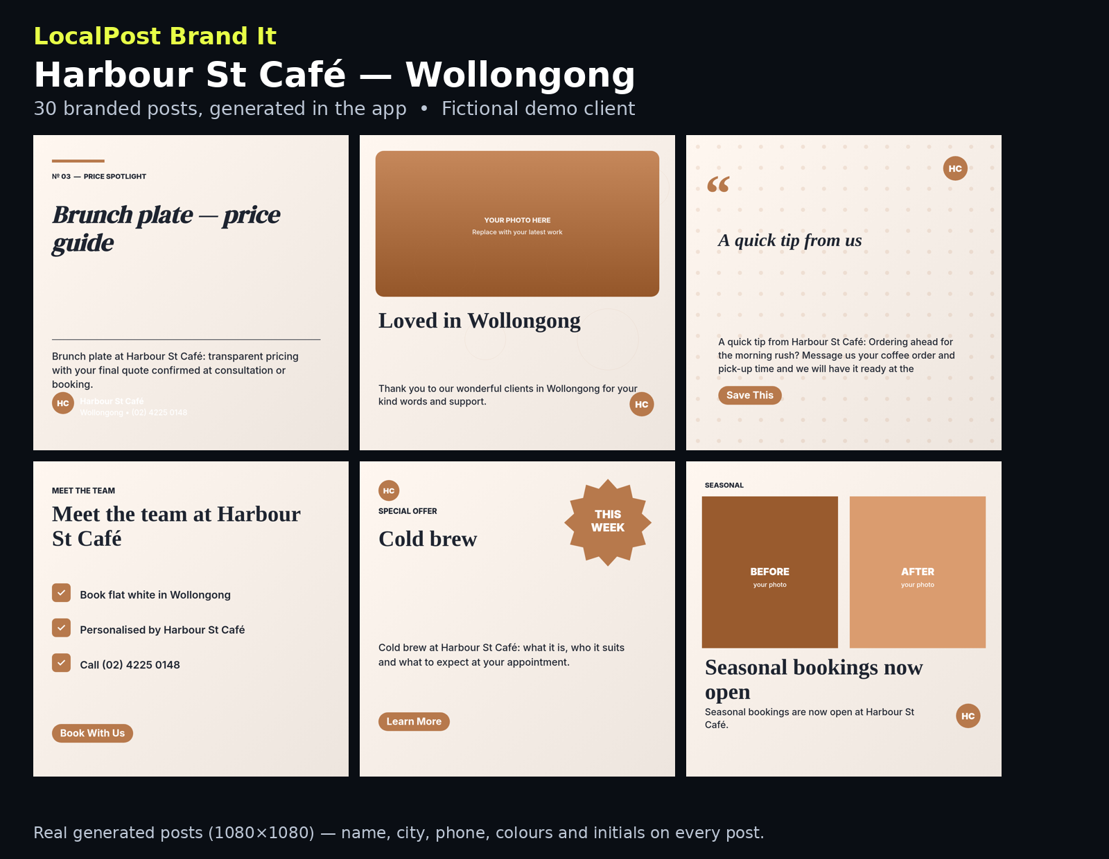 Six real branded posts generated in Brand It for Harbour St Café, Wollongong — a fictional demo client