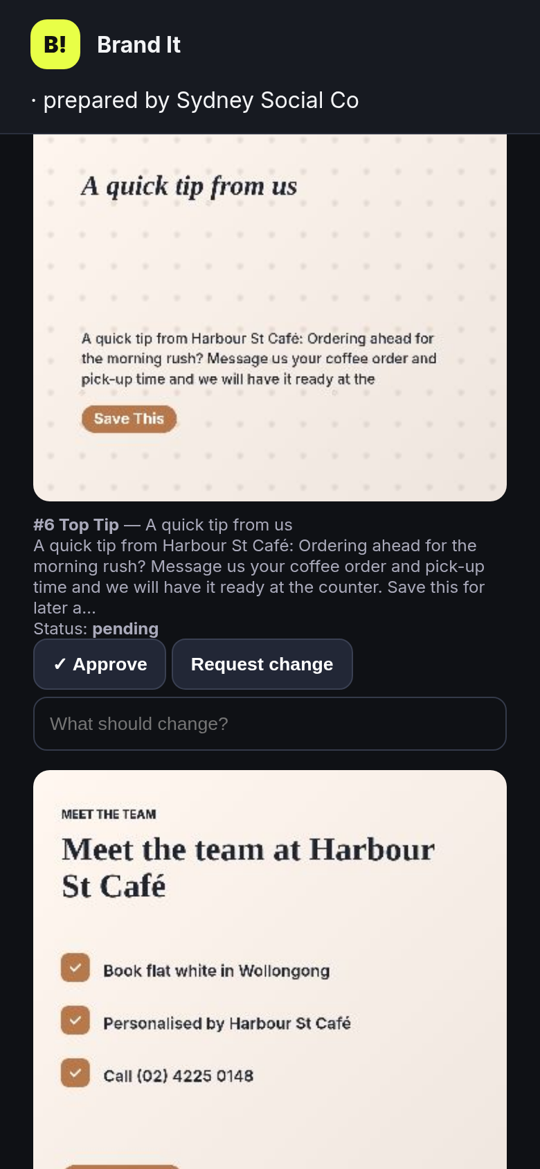 Client approval on a phone — tap Approve or Request Change