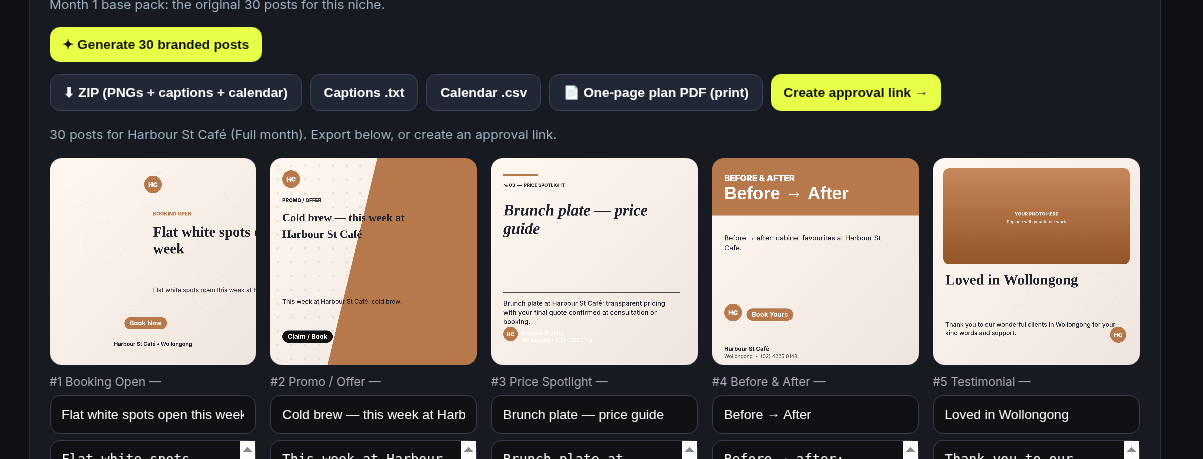 Generate 30 branded posts in Brand It