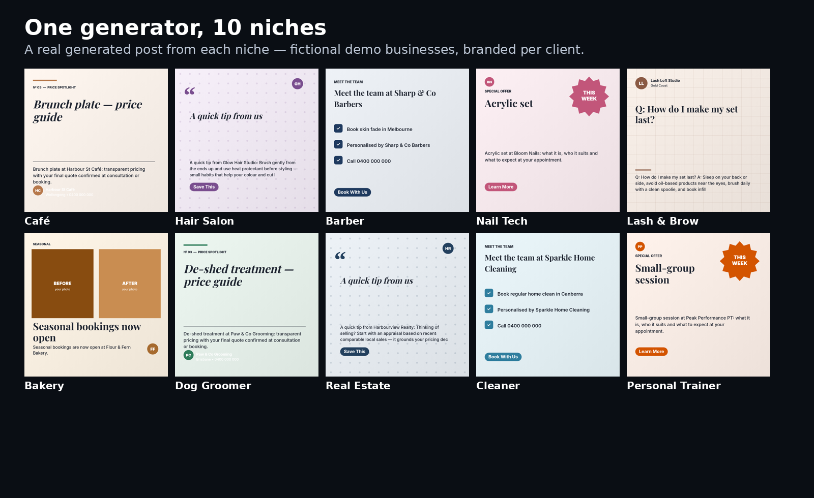 One real post from each of the 10 trades, each made for a different fictional business